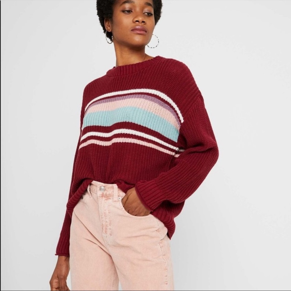 American Eagle Maroon Chest Stripe Shaker Sweater